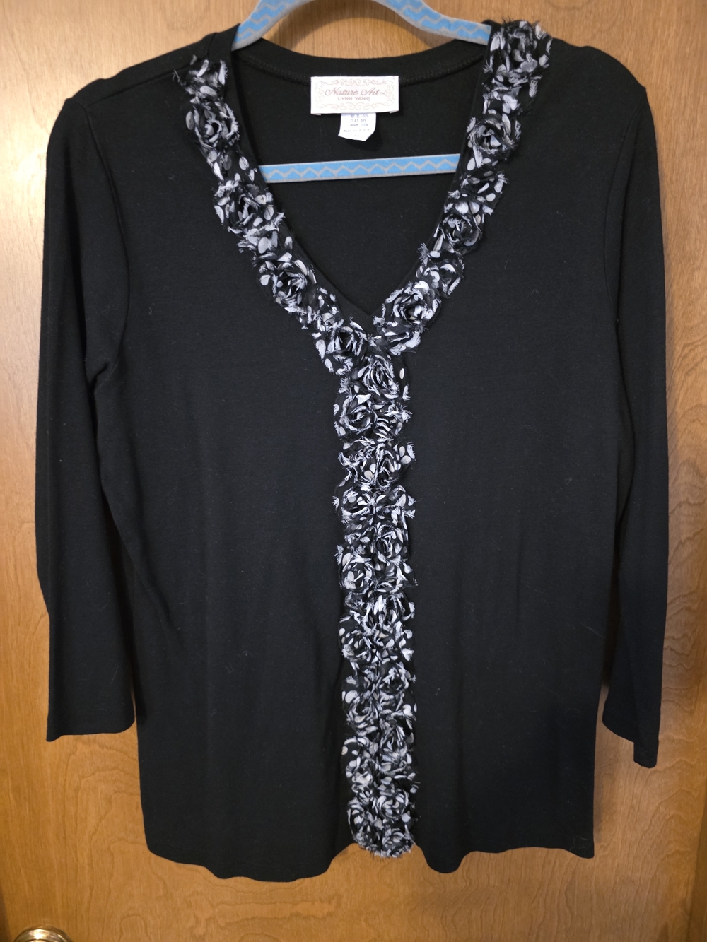 Nature Art by Lynn Yang™  Black Long-Sleeve V-Neck Top with Floral Trim